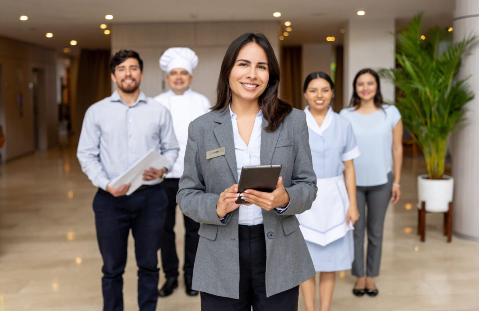 Hospitality staff standing in a hotel lobby.