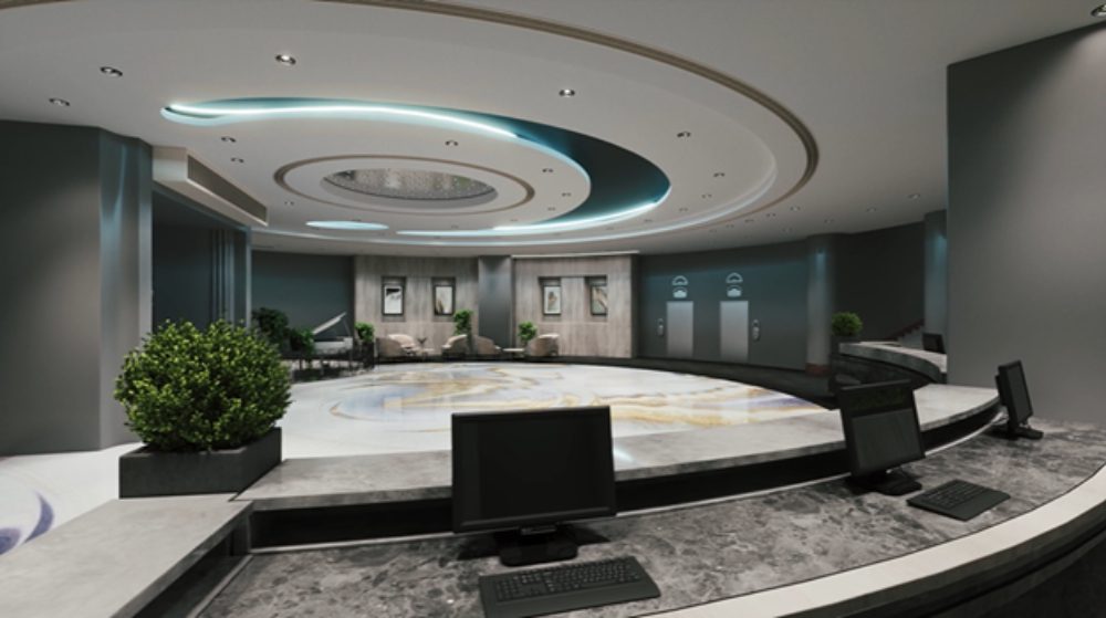 Modern indoor pool area with sleek design and elegant ceiling lights.